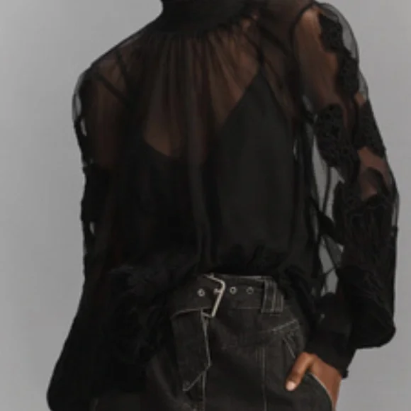Anthropologie Black Sheer Lace Blouse - Picture 1 of 3